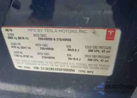 2016 Tesla Model X 75D/P100D/P90D из США, поврежденный, VIN 5YJXCBE4XGF006994